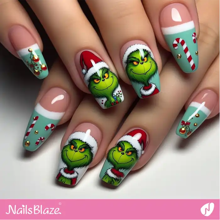 Grinch French Nail Design with Candy Canes | Cartoon Nails - NB2019